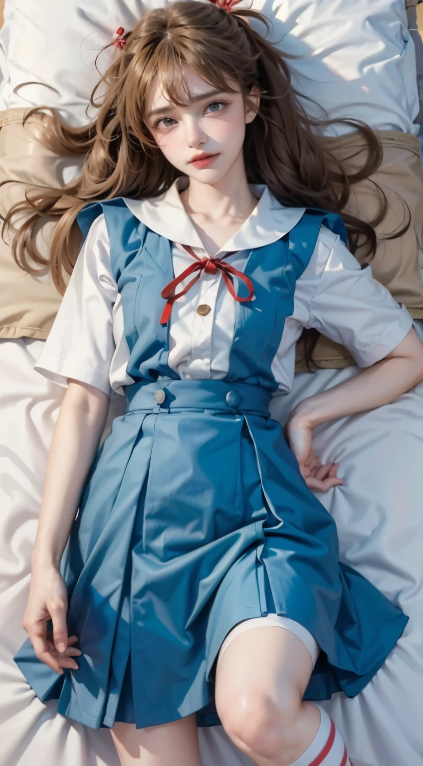 ((highest quality, 8K, masterpiece:1.3, realistic:1.3)), {{lying on the bed, From above, dakimakura}}, Japanese high school girl, single woman,  very light brown hair, With bangs, (japanese uniform, socks, thick thighs,Save the song on the cotton side), Highly detailed face and skin texture, fine eyes, lip details, You&#39;re very good at drawing hair, face to face with the children, in the heat, embarrassed look, natural makeup:1.0,skirt lift,pantyhose,