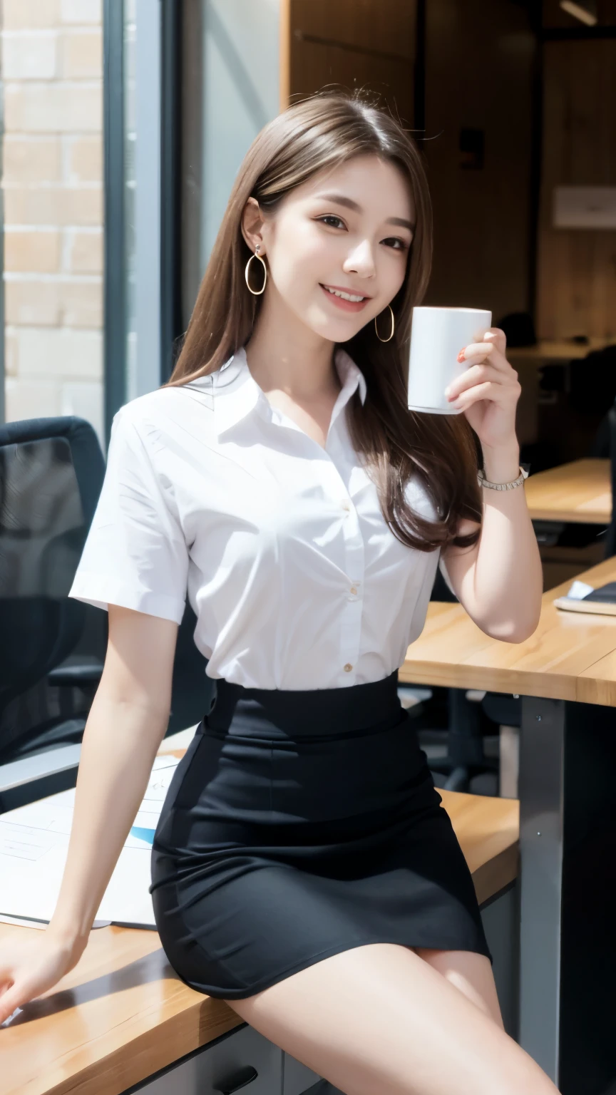 30 year old secretary in a professional A-line skirt, shirt, Step skirt, realistic, masterpiece, ultra high resolution, 16K quality, Raw photo, brunette hair, long hair, smile, slim body shape, thin waist, moderate body proportions, perfect skin, sitting in office drinking coffee, glowing skin, Sunny, earrings