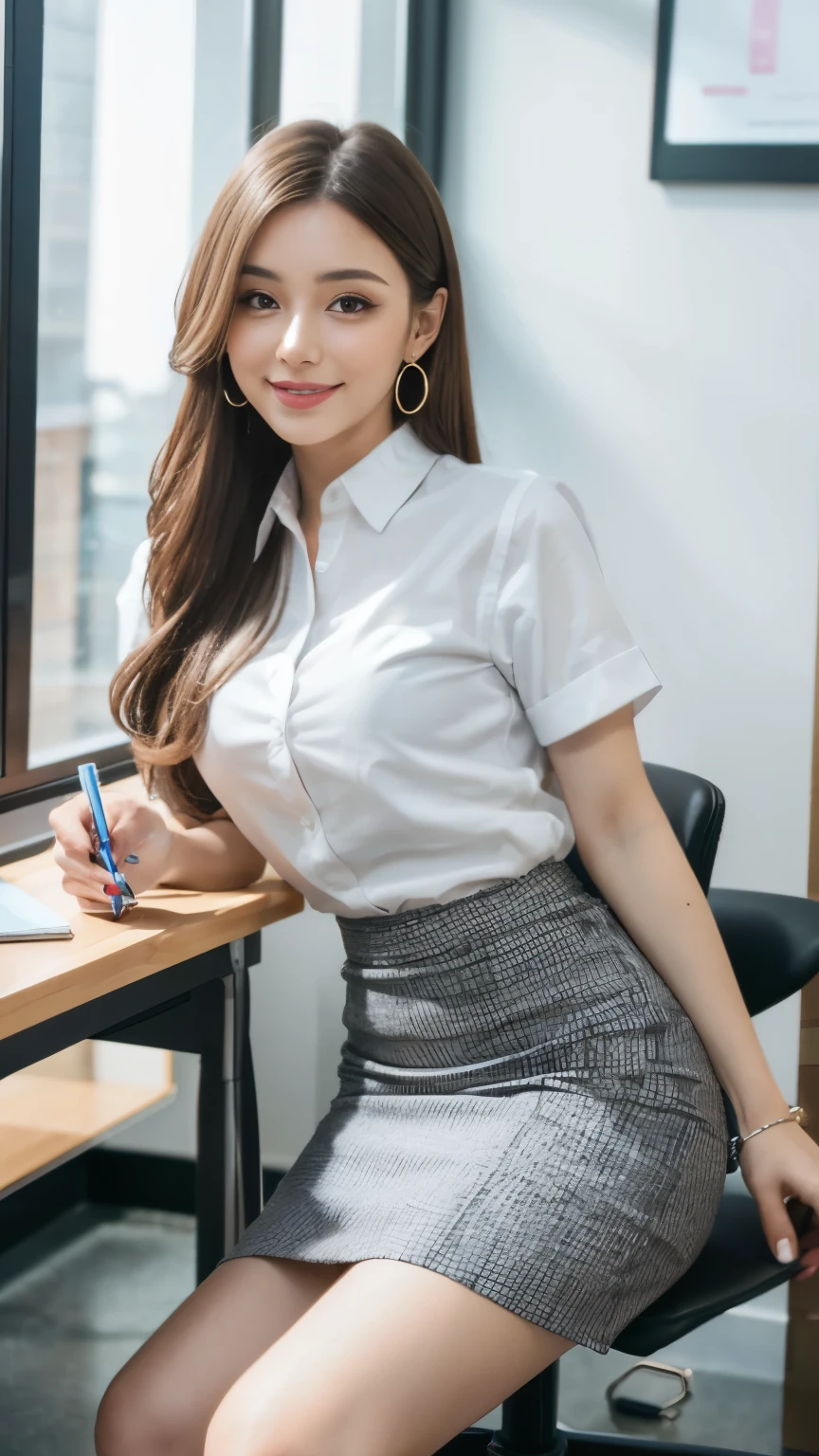 30 year old secretary in a professional A-line skirt, shirt, Step skirt, realistic, masterpiece, ultra high resolution, 16K quality, Raw photo, brunette hair, long hair,  smile, slim body shape, thin waist, moderate body proportions, perfect skin, sitting in office drinking coffee,  glowing skin, Sunny, earrings