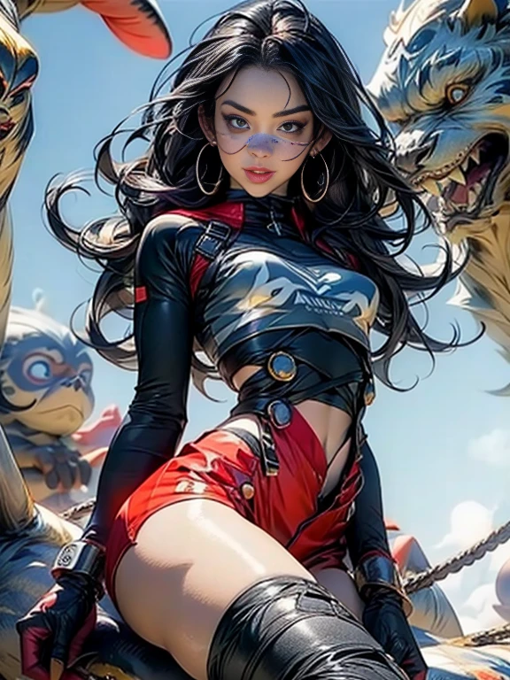 Curvy blue eyed girl with long wavy black hair and small breasts, smug, nudity, lewd, extreme_nsfw, (pubic_stubble):3.0