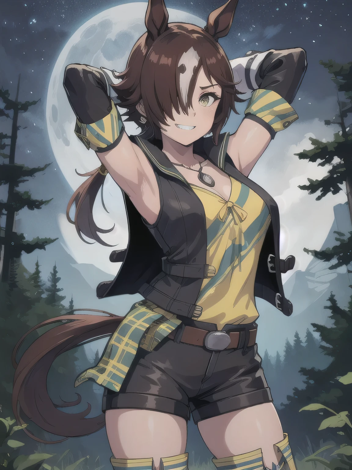 (masterpiece, best quality:1.2), solo, 1girl, umpdvodka, grin, looking at viewer, leaning hair over one eye, ponytail, jacket, long sleeves, yellow shirt, shorts, thigh boots, belt, horse tail, solo focus, solo, night sky, forest, arms behind head, contrapposto, spread armpits, closed mouth, smile, cowboy shot,