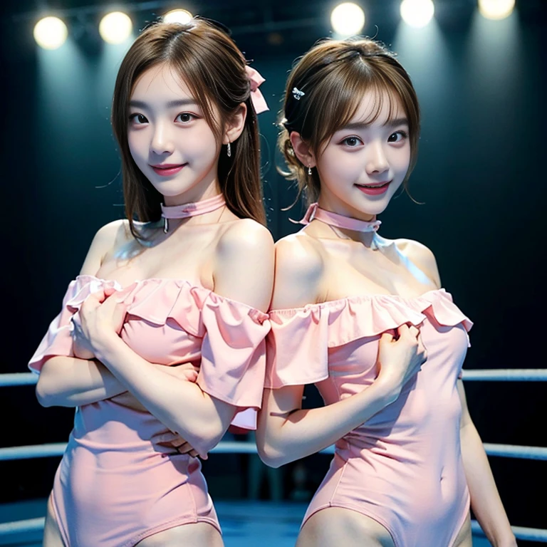 ((masterpiece: 1.4, best quality))+,(ultra detail)+, official art, unity 8k wallpaper, ultra detail, beautiful, high quality, Highlight your cute face,  masterpiece, best quality, semi straight medium length hair, Bangs up to the eyebrows, (((Cute idol duo in wrestling match with smiles on their faces: 1.3))), (Very light pink off-shoulder luxury one-piece swimsuit, Very small size T-panty.:1.5)), (((bust:1.5))), High exposure,  skinny body,masterpiece, high quality, 8 thousand, bright lights, ((vivid:1.5)), ((brown eyes, blonde hair:1.3)), (Small and round breasts:1.2), ((colorful earrings, white neck choker)), 25 years old, small face, looking at viewer, (hairpin with larger ribbon:1.4),(skinny abs:1.3), ((Both cheeks turn red)), Accurately distinguish between the bodies and arms of two people:1.5