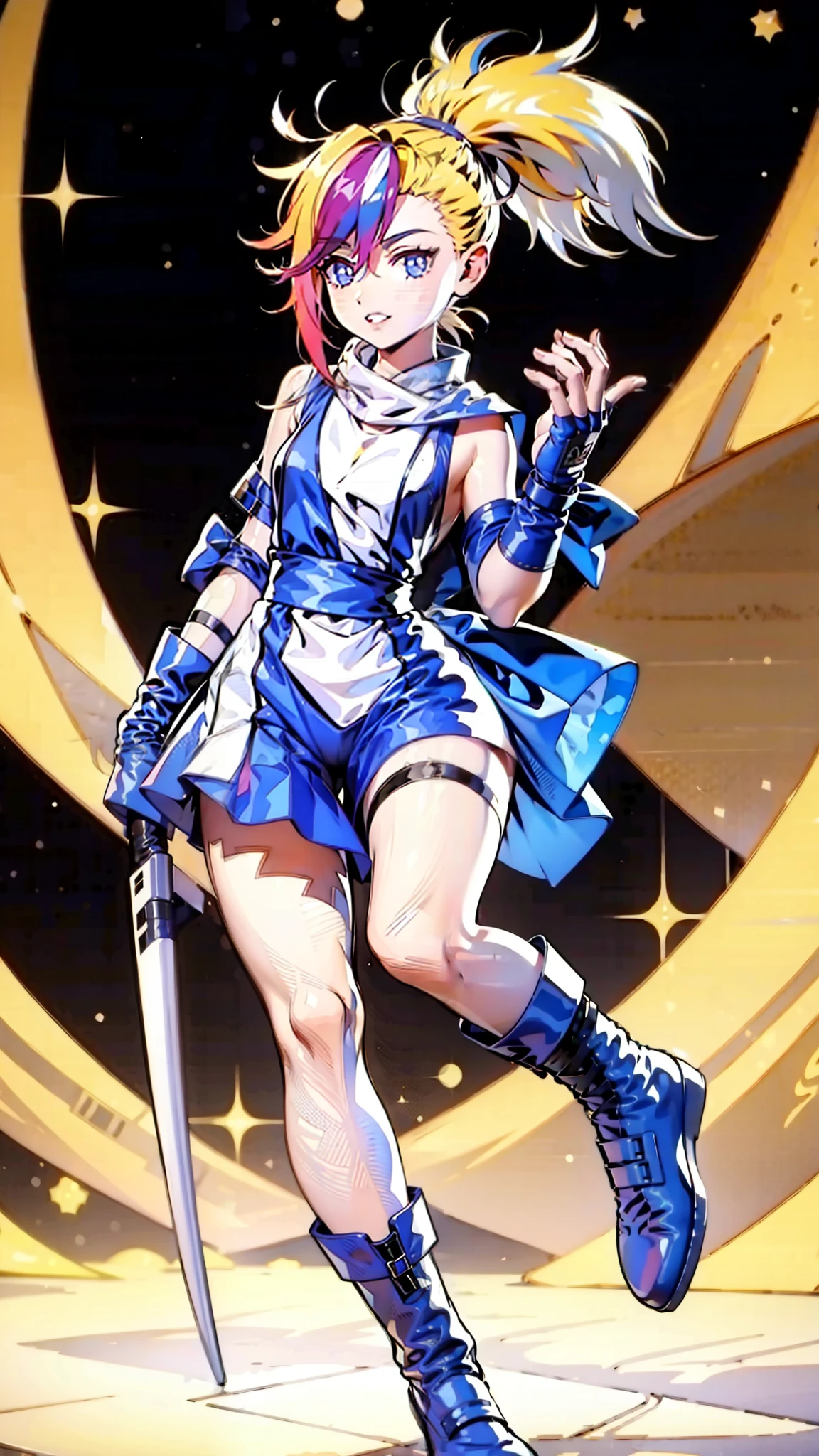 1 girl, ultra long hair, ultra detailed face, glowing lips, glowing blue eyes, very long ponytail, elegant walk, catwalk, holding down a  giant katana, blonde, long eyelashes, long boots , looking to the sky, starry sky, a ultra giant katana 