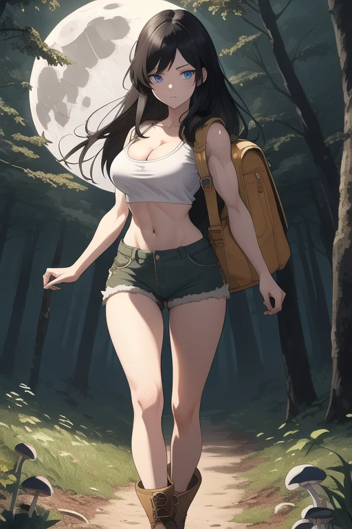 ultra high res, masterpiece, anime style, cell shading, highly detailed, fantasy inspired setting, 1girl, long black hair, blue eyes, expressive eyes, perfect face, medium breast, small waist, perfect figure, athletic physique, white crop top, showing cleavage, mid section exposed, wearing a yellow backpack, brown shorts, brown hiking boots, walking, looking at viewer, full body portrait, (Background: Outdoors, in the forest, night, moon light luminating on the forest floor, glowing mushrooms)