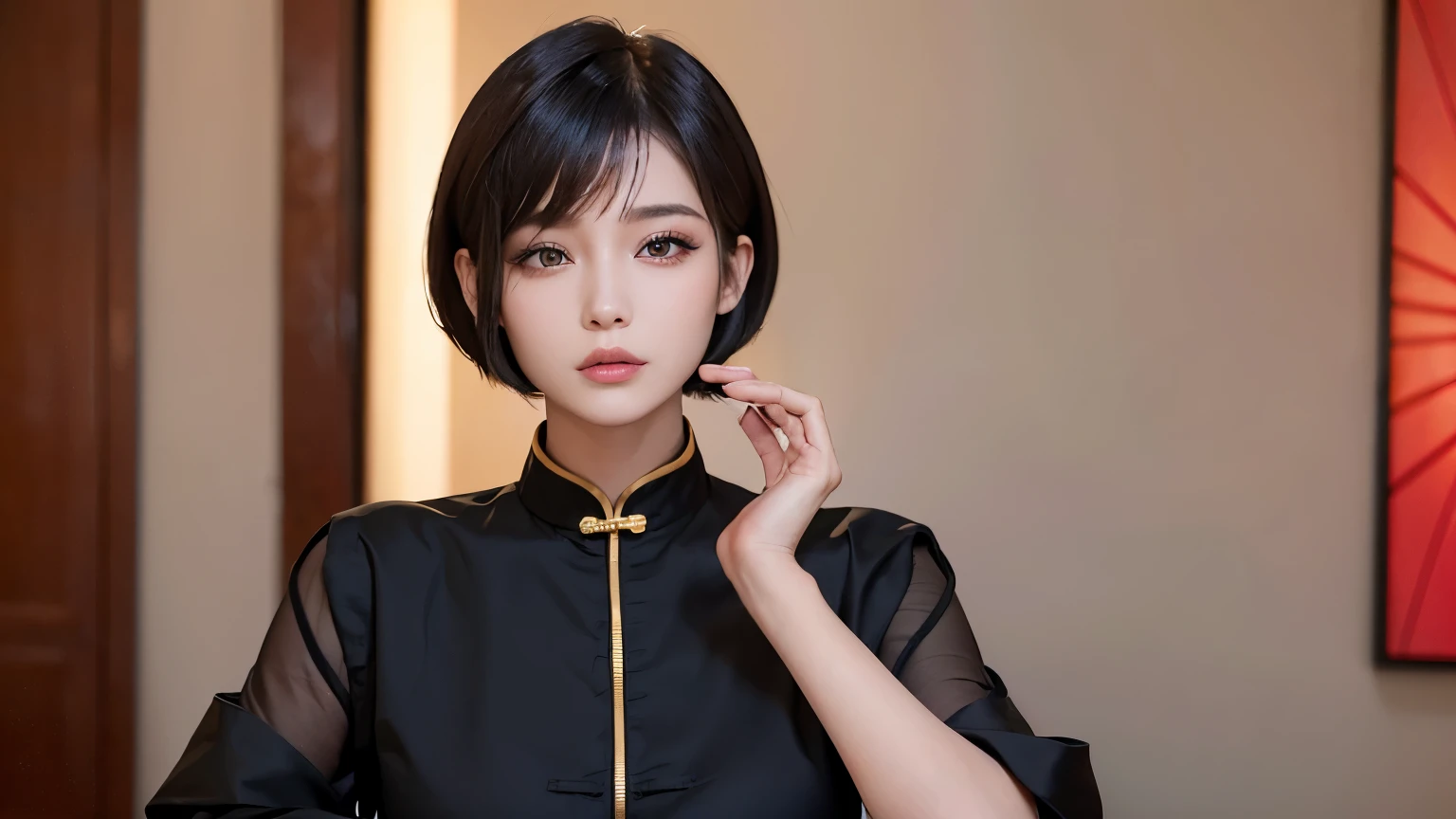 Cool Chinese Girl with Short Hair - Version 2.0:
Chinese women、Her short hair exudes sophistication and coolness.。, sophisticated hairstyle. her hair, Long shiny black bob, This style emphasizes angular jawline and high cheekbones.. The woman's face is perfectly made up, Slight pinkish redness on cheeks, thin, Well-defined eyebrows, Her lips have a hint of lip gloss. Her Eyes, Dark and almond-shaped, surrounded by a thick frame, Bold eyeliner and long, Perfect lashes.
She is wearing a modern Chinese costume., Consists of