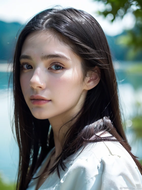 ( masterpiece, top quality, best quality,8k,17 years old girl,ultra detailed,raw photo:1.5),(photorealistic:1.4), (long black hair:1.5), (cinematic lighting), PerfectNwsjMajic, , Surrealism, UHD, ccurate, Super detail, textured skin, High detail, Best quality, dynamic angle, (high nose,White skin),[Beautiful blue eyes],(1girl),(good anatomy:0.5)),(outside,rivers and lakes :1.5),white dress