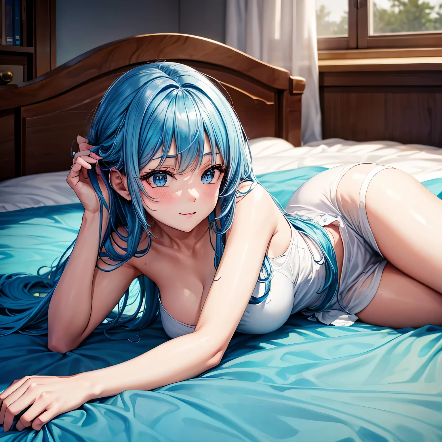 1girl, bluenette hair, light blue hair, next door girl, naked, laying under blanket, laying in bed, soft smile