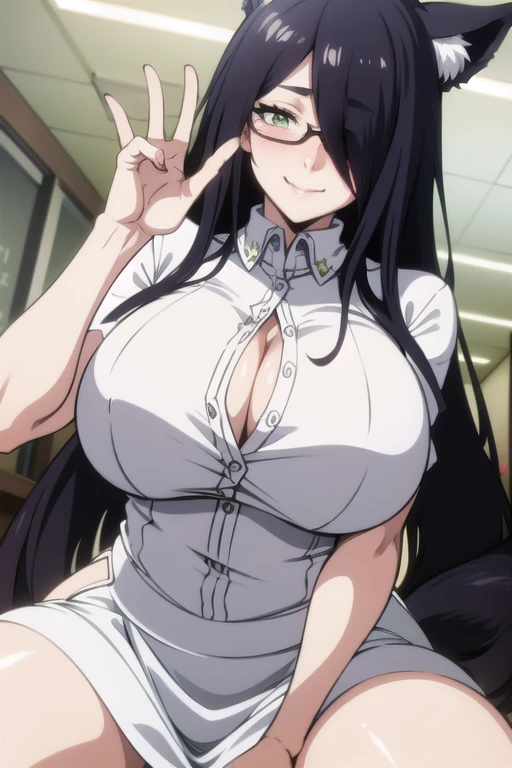 mature women,milf,large breast,beautiful face,long hair, shiny hair, green eyes,high detailed,black hair, hair over one eye,masterpiece,perfect anatomy,cleveage,White Shirt,open shirt, Black Skirt, Office Lady,sexy smile,glasses,dynamic pose,blushing,fox ears,fox tails,
