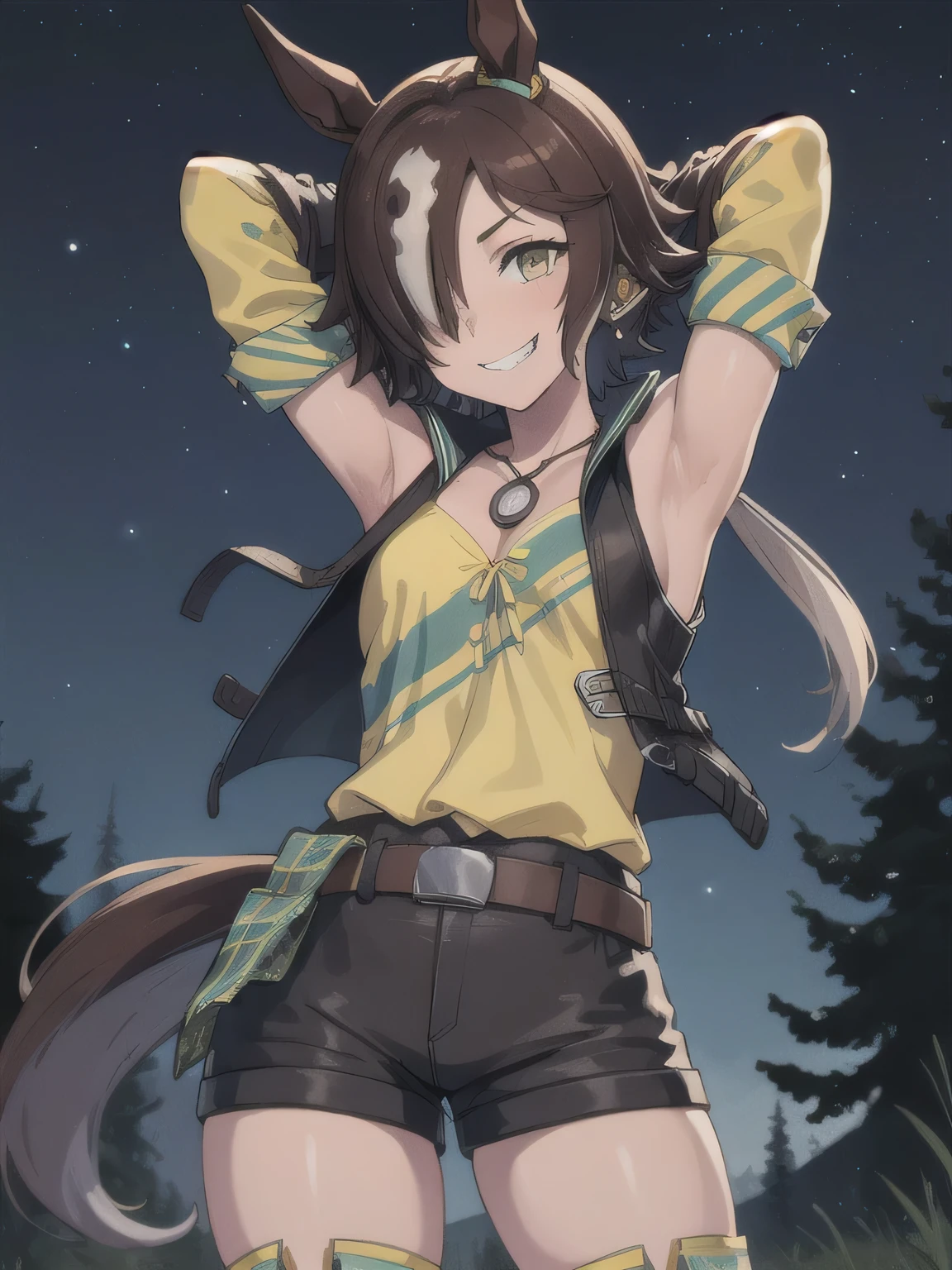 (masterpiece, best quality:1.2), solo, 1girl, umpdvodka, grin, looking at viewer, leaning hair over one eye, ponytail, jacket, long sleeves, yellow shirt, shorts, thigh boots, belt, horse tail, solo focus, solo, night sky, forest, arms behind head, contrapposto, spread armpits, closed mouth, smile, cowboy shot,