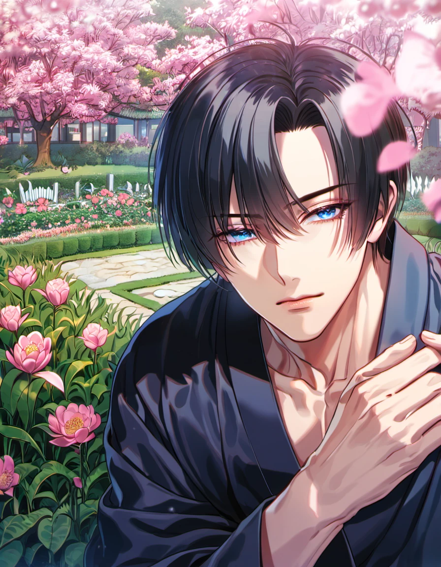 absurdres, highres, ultra detailed, HDR, masterpiece, Son Hak, black hair with bangs, expressive blue eyes, Akatsuki No Yona, 1man, extremely handsome, pink petals, pink butterflies, pink flowers, garden, extremely detailed, blue and black kimono