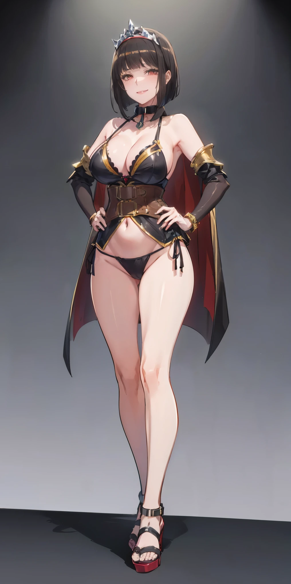 ((BLACK BACKGROUND,1:2, masterpiece)), full body MILF BIMBO standing with two long thighs and two high heels, red eyes, silver white hair, short bob style hair, big breasts, cleavage, separate sleeves, tiara royal, long cape up to two feet, yellow bikini, hands on waist, navel, lustful smirking smiling, smile face (red blushed, red cheeks), metal shoulders, gold sleeveless armbands, black leather choker slave collar, shackle bracelets, sex slave red crest, full body MILF BIMBO standing with two long thighs and two metal sandals, red eyes, silver white hair, short bob style hair, big breasts, cleavage, separate sleeves, tiara royal, long cape up to two feet, yellow bikini, hands on waist, navel, lustful smirking smiling, smile face (red blushed, red cheeks), metal shoulders, gold sleeveless armbands, black leather choker slave collar, shackle bracelets, sex slave red crest, pauldrons, breastplate, corset, eye focus, full body, whole body. 1solo . slave fighter, loincloth standing, hands on hips, metal sandals, backpack, choker, big belt, view from below, feet together, bracers, tiara)