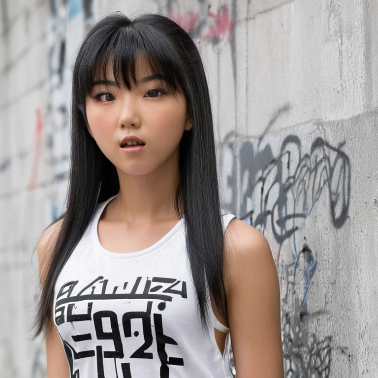 (high resolution, ultra-detailed, photorealistic), close-up photo of 1girl, sjang, long straight black hair with bangs, plain white tanktop, background: gray concrete wall with graffiti, realistic face, accurate, beautiful