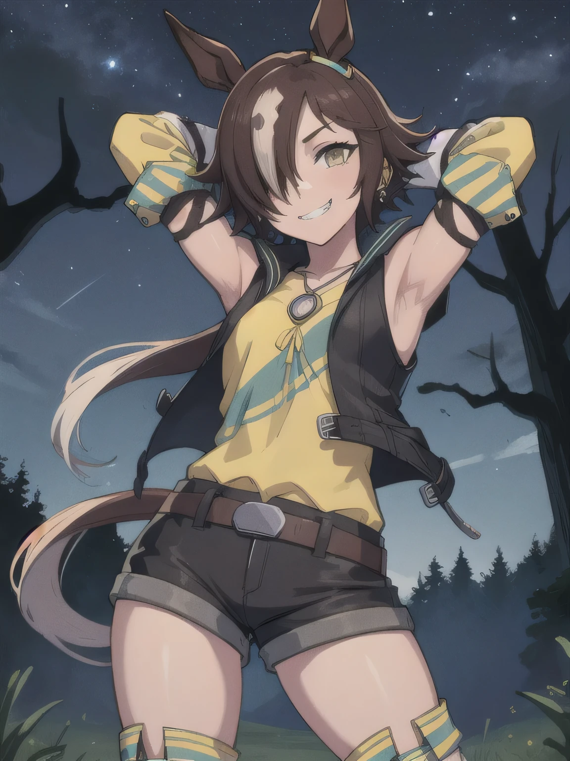 (masterpiece, best quality:1.2), solo, 1girl, umpdvodka, grin, looking at viewer, leaning hair over one eye, ponytail, jacket, long sleeves, yellow shirt, shorts, thigh boots, belt, horse tail, solo focus, solo, night sky, forest, arms behind head, contrapposto, spread armpits, closed mouth, smile, cowboy shot,