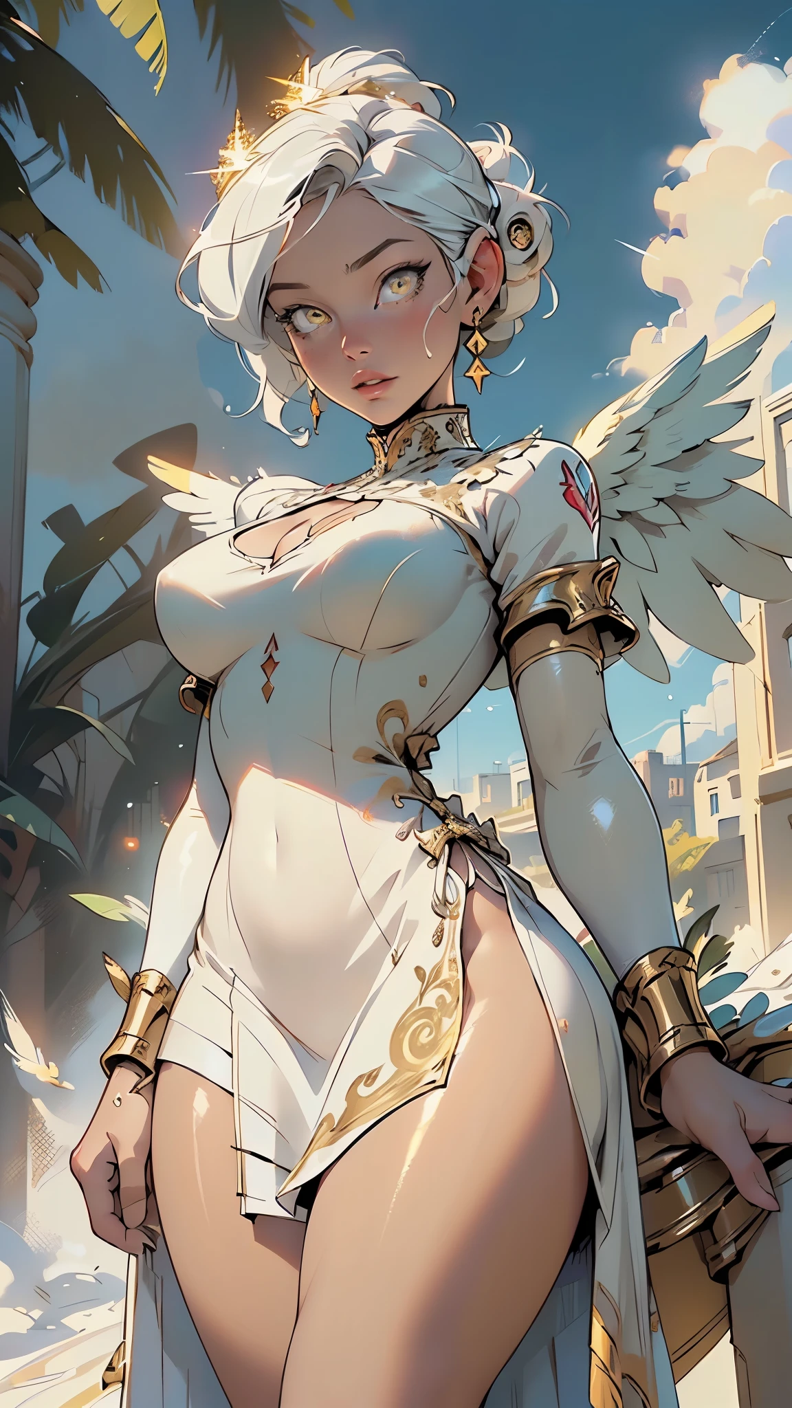 girl,1girl,(large breasts:1.2),((((creamy Marble hair:1.35,creamy Marble hair up)))),((golden_eyes:1.5)),glowing eyes,intricate eyes,beautiful detailed eyes,symmetrical eyes,((fat)),(((lustrous skin:1.5,bright skin: 1.5,skin tanned,shiny skin,very shiny skin,shiny body,plastic glitter skin,exaggerated shiny skin,illuminated skin))),(spider lower abdomen,narrow waist,wide hip,athletic body,inflated legs,thick thighs,detailed body,(detailed face)),
cute,slutty,seductive,erotic,(nsfw),
zettai ryouiki,(((Holy GUARDIAN ANGEL,white and large wings,feathers, has feather wings))) ,((((creamy Marble Antique dress))))
(dynamic pose:1.0),serius,(centered,scale to fit dimensions,Rule of thirds),
((floating in the clouds, sky and clouds background)),scenery:1.25,((intricate scenery)),
(Glossy holy ornaments),highres,sharp focus,(ultra detailed,extremely detailed),(photorealistic artwork:1.37),(extremely detailed CG unity 8k wallpaper),(((vibrant colors,vibrant theme))),(intricate),(masterpiece),(best quality),artistic photography,(photography taken by sldr),(intricate background),perfect rendered face,perfect face details,realistic face,photo realistic,((intricate detail)),(((realism))),