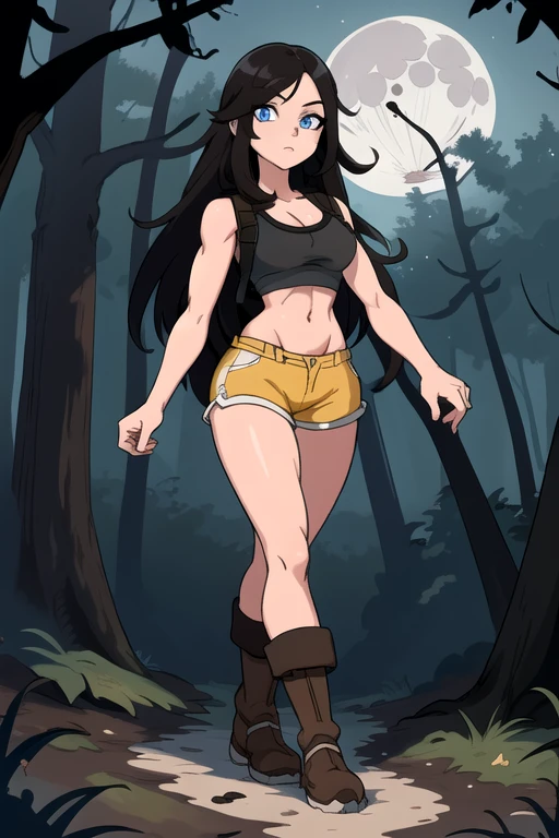 ultra high res, masterpiece, anime style, cell shading, highly detailed, fantasy inspired setting, 1girl, long black hair, blue eyes, expressive eyes, perfect face, medium breast, small waist, perfect figure, athletic physique, white crop top, showing cleavage, mid section exposed, wearing a yellow backpack, brown shorts, brown hiking boots, walking, looking at viewer, full body portrait, (Background: Outdoors, in the forest, night, moon light luminating on the forest floor, glowing mushrooms)
