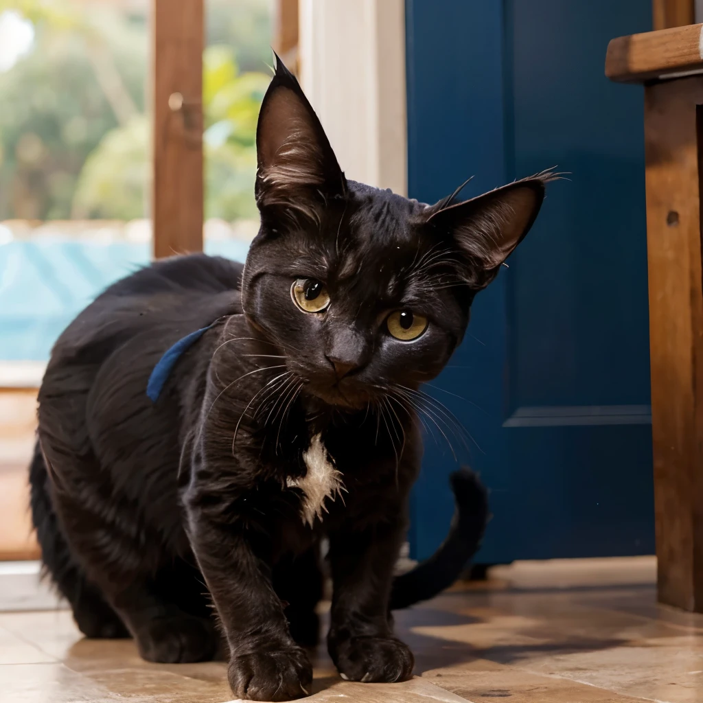 Gato negro con una mancha azul en la oreja izquierda, un ojo marron y el otro ojo amarillo, that the cat has a very long tail and is wearing a tutu 