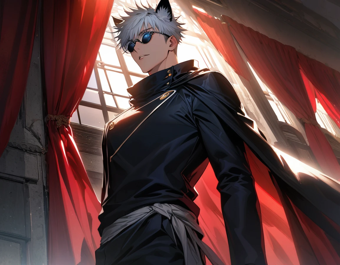 Ultra detailed, Highres, absurdres, HDR, Gojou Satoru, white hair with bangs, blue eyes, white eyelashes, black round sunglasses, white cat ears, red curtains, window, handsome, Jujutsu Kaisen, 1 man only, sunlight, black cape, black gloves,