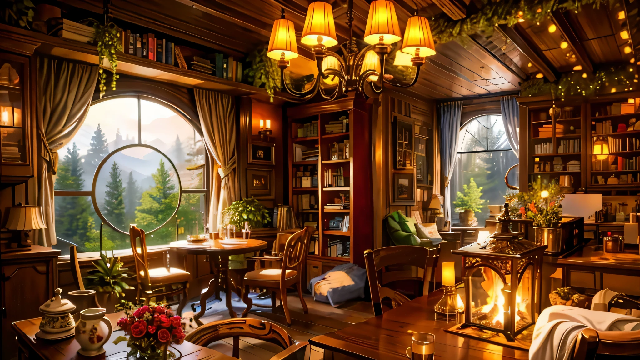 there is a room with a lot of books and a table, fancy library, puzzle-like room, cozy home background, a multidimensional cozy tavern, thomas kinkade. forest room, cozy place, highly detailed scene, cozy cafe background, magical realism style, cozy environment, cosy enchanted scene, cozy living room background, thomas kinkade. cute cozy room