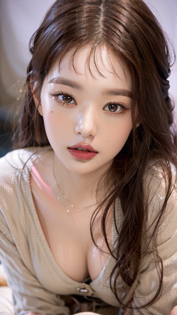 Nikon RAW Photos, 8 thousand, Fujifilm XT3, masterpiece, Pink quality, realistic, photorealistic, (lying in bed), (Sheet), (Lying on a pillow), (chuckle: 1.1), best quality, (detailed facial features), (Eyelashes: 1.1), (depth of field: 1.1), (chromatic aberration: 1.1), (falsetto: 1.1), goddess, cleavage exposed, small breasts