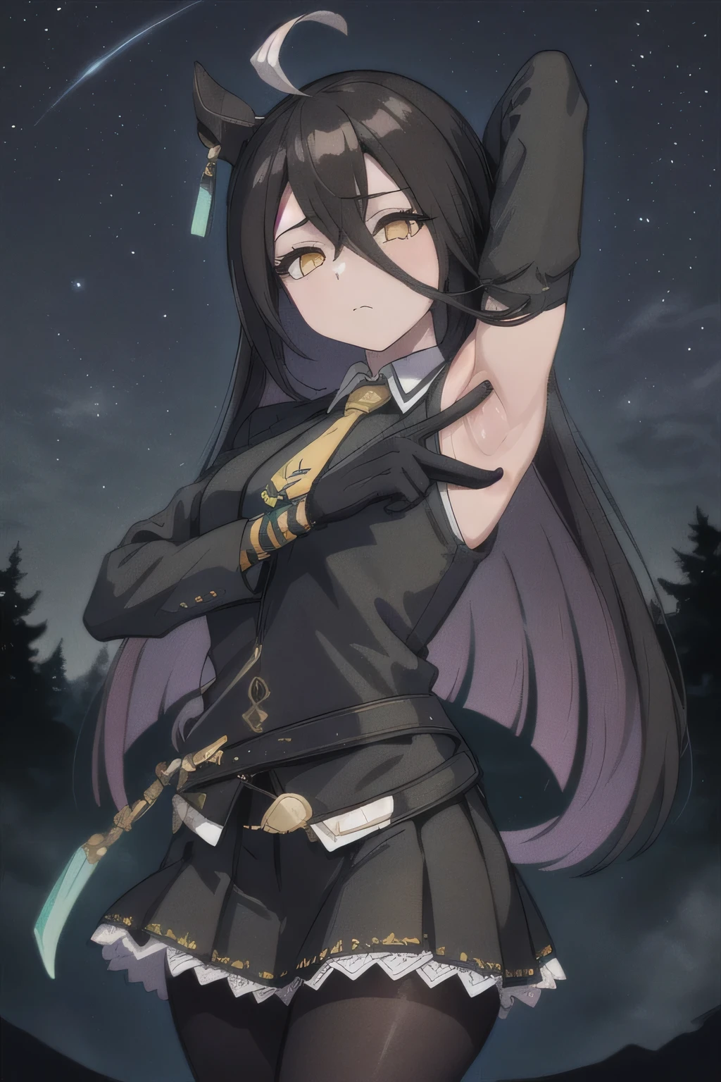 (masterpiece, best quality:1.2), solo, 1girl, manhattancafe, expressionless, looking at viewer, ahoge, black jacket, shirt, necktie, black gloves, skirt, pantyhose, single earring, tail, solo, night sky, forest, arms behind head, contrapposto, spread armpits, closed mouth,  (cowboy shot:1.5),