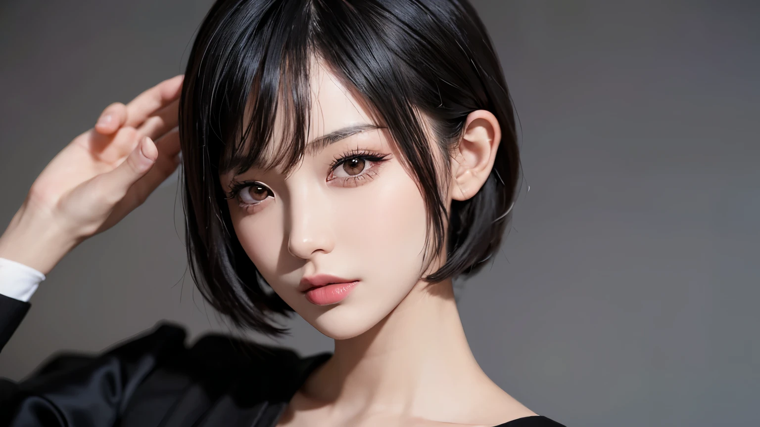 Cool Chinese Girl with Short Hair - Version 2.0:
Chinese women、Her short hair exudes sophistication and coolness.。, sophisticated hairstyle. her hair, Long shiny black bob, This style emphasizes angular jawline and high cheekbones.. The woman's face is perfectly made up, Slight pinkish redness on cheeks, thin, Well-defined eyebrows, Her lips have a hint of lip gloss. Her Eyes, Dark and almond-shaped, surrounded by a thick frame, Bold eyeliner and long, Perfect lashes.
She is wearing a modern Chinese costume., Consists of