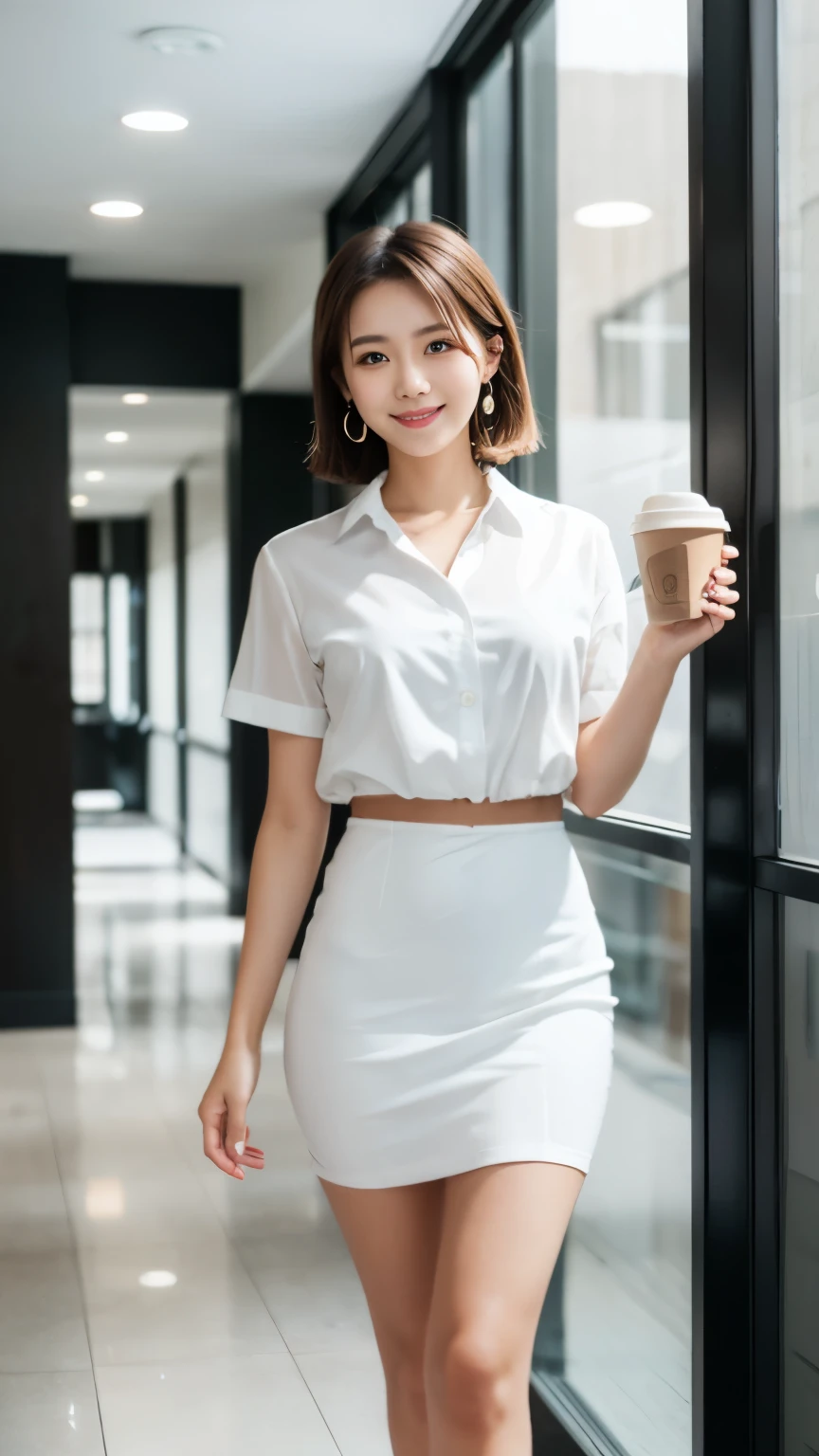 24-year-old secretary wearing a shirt dress, realistic, masterpiece, ultra high resolution, 16K quality, Raw photo, short hair, smile, slim body shape, thin waist, moderate body proportions, perfect skin, Standing in the office corridor drinking coffee, glowing skin, Sunny, earrings