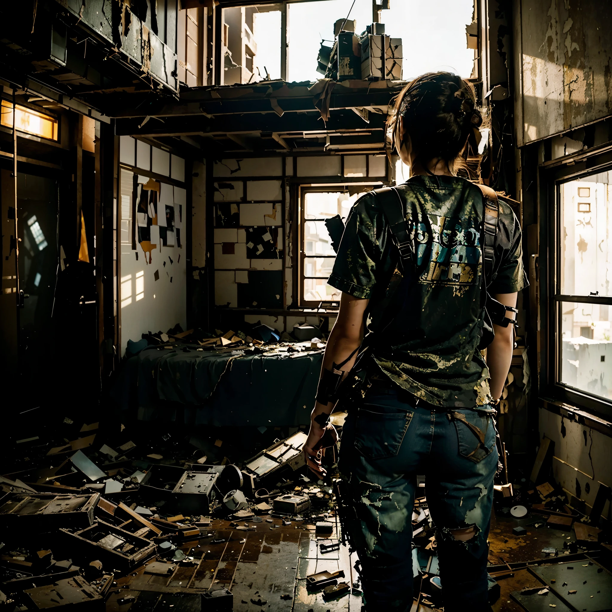 LOW ANGLE VIEW, ultra-HYPER REALIST, A JAPANESE GIRL, 17 YEARS OLD, SHORT HAIR,  ON a DESTROYED bedroom looking through the window to THE POST-APOCALYPSE RUINED AND DESTROYED TOKYO CITY, the girl has her back to the photo, investigation pose, IMPACTFUL VISUAL DESTRUCTION, STYLE THE LAST OF US, indoor PHOTO, HBO, CINEMATIC LIGHTS, GOLDEN HOUR, FANTASY, UNREAL ENGINE 5, MASTERPIECE digital art, trending on artstation, HDR, UHD, 8K, BY NAUGHTY DOG.