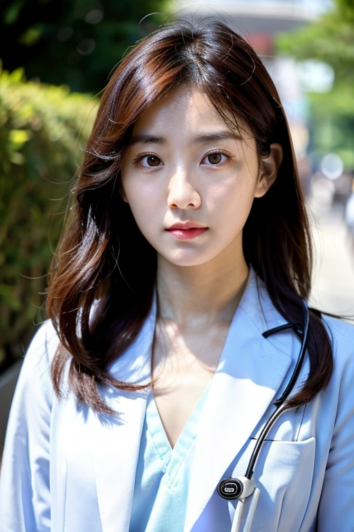 A South Korean doctor , de 27 anos ,cabelos ate o ombro ,com o olhar marcante e preocupada, with a serious face looking straight ahead. De jaleco branco