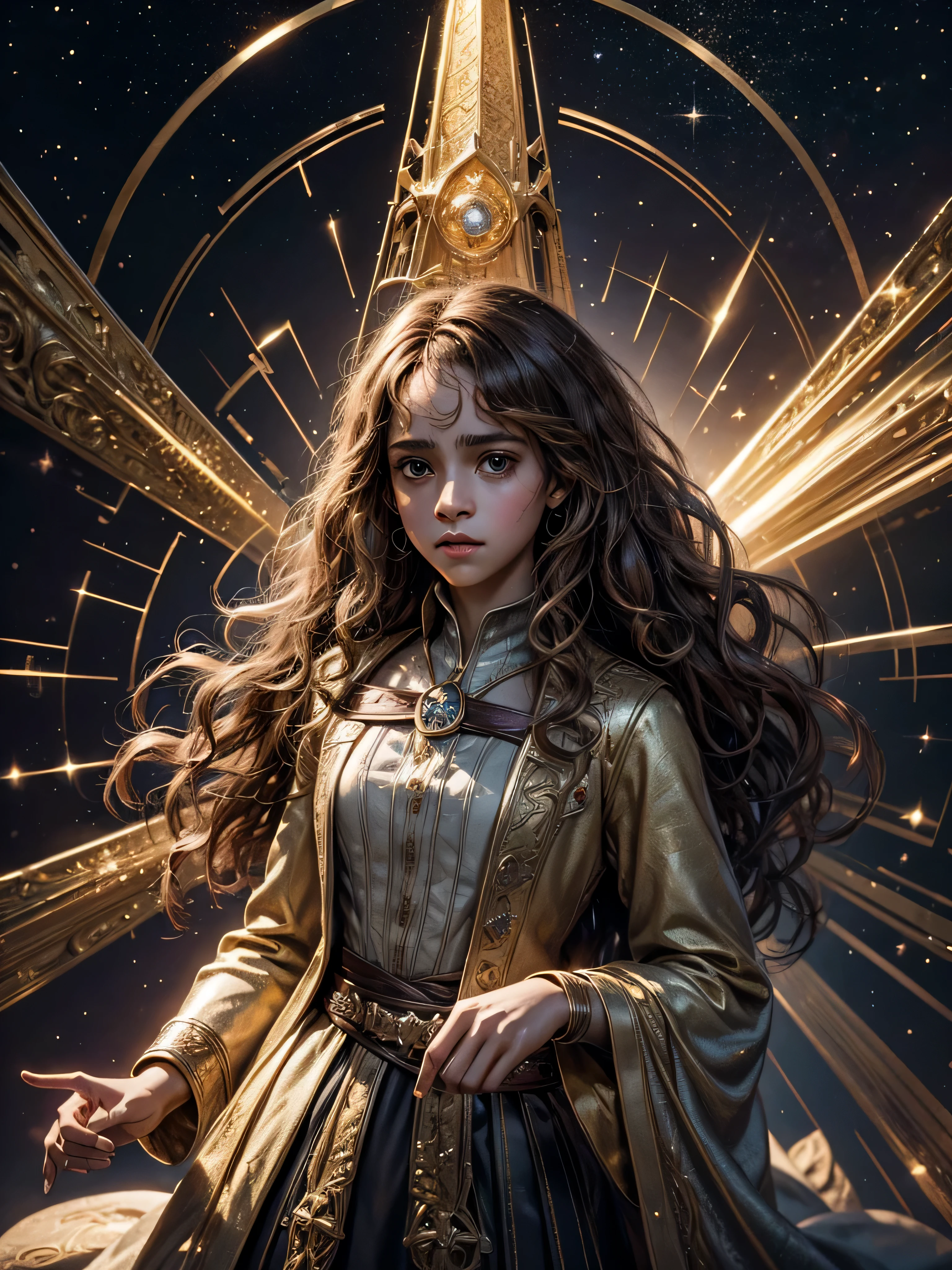 Masterpiece of the Harry Potter universe, best quality representation, ultra-detailed and finely textured, hermione granger in the Harry Potter galaxy, photorealistic and supremely aesthetic, 4K image quality, distinctly representing hermione granger with a glossy, radiant skin texture, a sweeping backdrop of a Hogwarts landscape, dynamic and cinematic lighting, using intricately designed costumes and precious metals refracting dazzling light, hermione granger portrayed with a regal and powerful expression, a masterpiece of illustration and CG art, unified, 8K wallpaper, surpassing the boundaries of reality, an