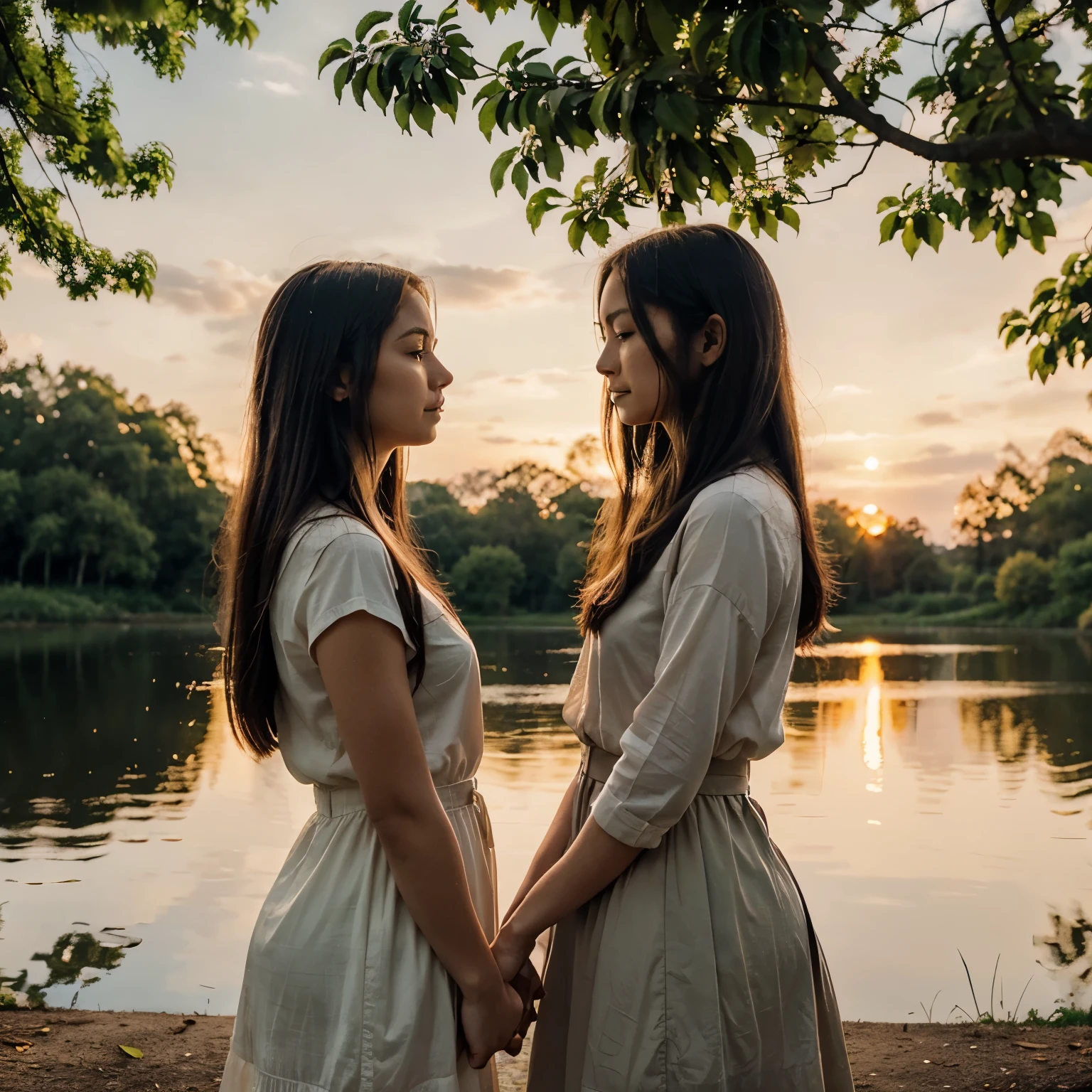 Imagine a tranquil scene in a park during sunset. The setting sun paints the sky in hues of orange and pink, casting a warm glow over the surroundings. In the distance, near a serene pond surrounded by lush greenery, two women stand on opposite ends. They are both facing each other, their eyes locked in a silent conversation, conveying emotions of longing and anticipation. One of them has a soft smile on her face, while the other's expression is more contemplative yet filled with warmth. The gentle breeze rustles the leaves, adding a sense of quiet intimacy to the moment, as if time has momentarily paused to capture this tender exchange between the two.