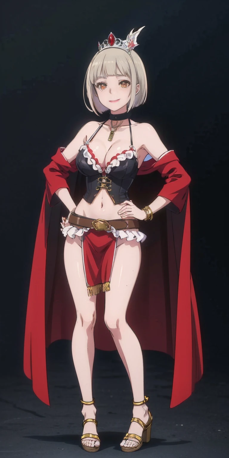 ((BLACK BACKGROUND,1:2, masterpiece)), full body MILF BIMBO standing with two long thighs and two high heels, red eyes, silver white hair, short bob style hair, big breasts, cleavage, separate sleeves, tiara royal, long cape up to two feet, yellow bikini, hands on waist, navel, lustful smirking smiling, smile face (red blushed, red cheeks), metal shoulders, gold sleeveless armbands, black leather choker slave collar, shackle bracelets, sex slave red crest, full body MILF BIMBO standing with two long thighs and two metal sandals, red eyes, silver white hair, short bob style hair, big breasts, cleavage, separate sleeves, tiara royal, long cape up to two feet, yellow bikini, hands on waist, navel, lustful smirking smiling, smile face (red blushed, red cheeks), metal shoulders, gold sleeveless armbands, black leather choker slave collar, shackle bracelets, sex slave red crest, pauldrons, breastplate, corset, eye focus, full body, whole body. 1solo . slave fighter, loincloth standing, hands on hips, metal sandals, backpack, choker, big belt, view from below, feet together, bracers, tiara)