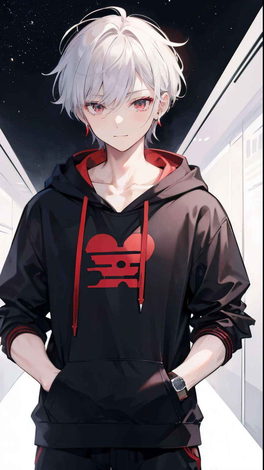 High resolution, 2D anime style,,cool men,red eyes,short hair,silver hair,20th generation,Fashion wearing a hoodie,Beautiful watch,beautiful earrings,he is smiling a little,