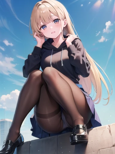 (masterpiece:1.3),((High resolution)),((high quality)),((Super detailed))、1 girl、perfect balance、perfect face、detailed face、cute face、beautiful詳細な目、Expressive eyes、cute eyes、shiny eyes、perfect body、beautiful体、((8k wallpaper)) ,(8K),shine, shine光, (perfect hand :1.7),ray tracing,perfect lighting, shine目, (looking at the viewer,smile:1.1), (mature woman:1.4),Mahiru Shiina (Shiina Midday) ,blonde,brown eyes, ((brown eyes:1.7)), ((smile)),((弾けるようなsmile)),long hair, 黒いshoes, ((black pantyhose)) , (hoodie:1.2) , ((Panty stocking)) , shoes、skirt, ((head shot))、embarrassing、blush、beautiful女の子、cute face、beautiful顔、cute face、beautiful、good anatomy、smile、Mistress Pose,  smile, blush, outdoor, Day, blue sky, empty, looking at the viewer, moody lighting, face-to-face audience、(Are standing))、from below、(NSFW:1.3),panties under pantyhose, 
