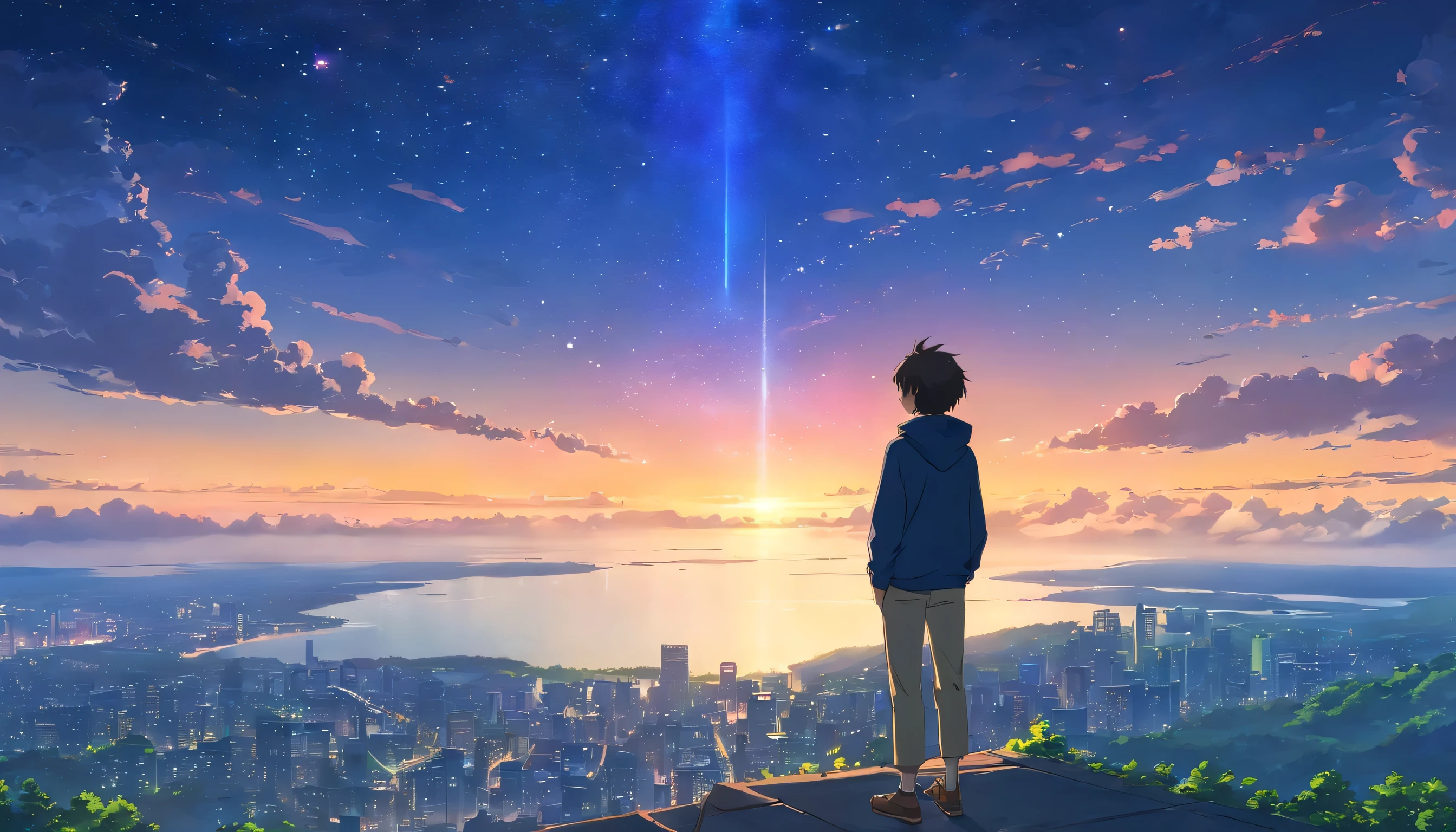 High quality masterpiece, landscape, cloud, A man wearing a black hoodie, looking up, starry sky, concept art, night, makoto shinkai, beautiful anime scene, anime landscape, Detailed landscape — width 672, makoto shinkai's style, makoto shinkai's style, Enhanced details, upper body shot