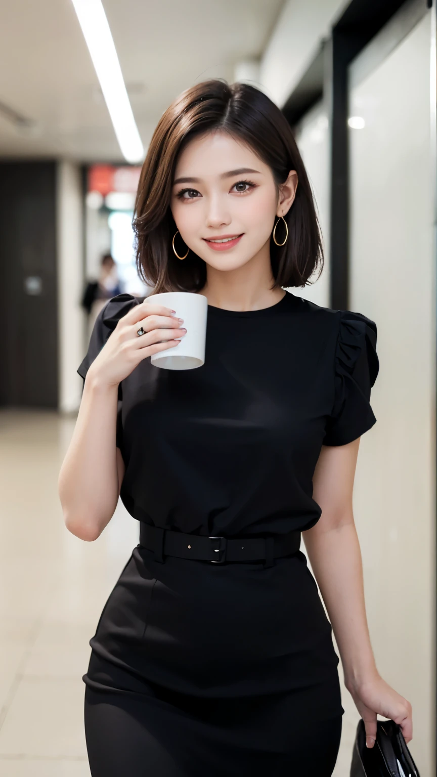 24-year-old secretary wearing a dress,  realistic, masterpiece, ultra high resolution, 16K quality, Raw photo,  short hair,  smile, slim body shape, thin waist, moderate body proportions, perfect skin, Standing in the office corridor drinking coffee,  glowing skin, Sunny, earrings、Business Bags