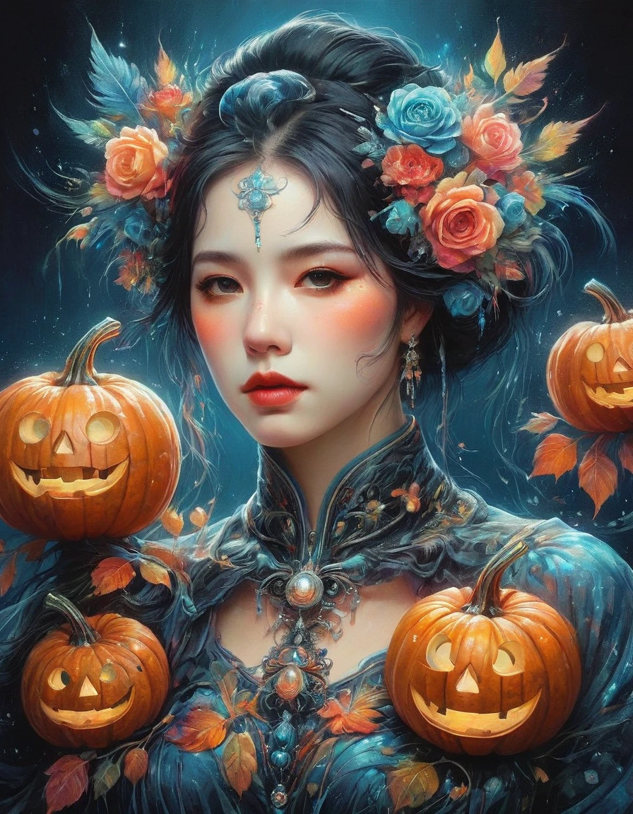 (The Art of Aptrus, Peter Pola), skeleton, 1 girl, Hairy, Jour des morts, Scary Pumpkin Mask, Rags of rags, fog and mist, flat chest, small breasts, Rotten pumpkins all around, official art, Super detailed, Beautiful and beautiful, intricate details, Portrait of the most beautiful chaotic form, elegant, brutalist design, bright colors, by James Jean, Robbie Devi Antonio, Rostran, French bacon, Michael Mraz, Adrian Genius, Petra Cortright, Gerhard Richter, Takato Yamamoto, Ashley Wood, Atmospheric, (black crow:1), (Blackbird:1.2), Red rose, (Limited color palette), Extremely lush, Colorful hair, (whole body:1.4), (symmetry), masterpiece, best quality