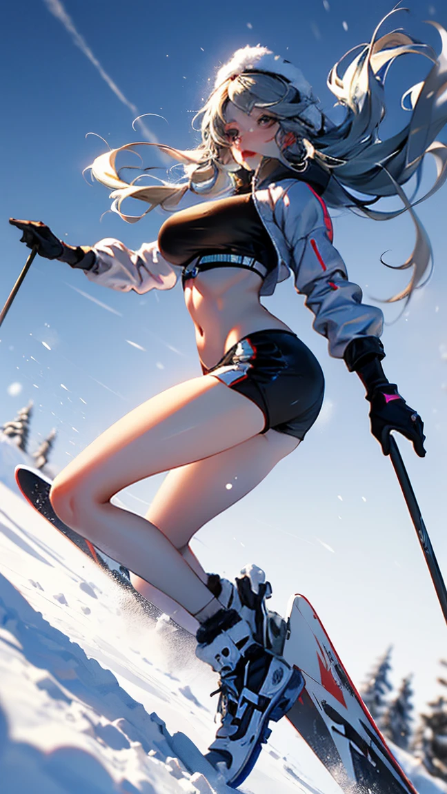 dynamic poses, full body image, super wide angle, A girl wearing fluorescent red clothes skiing in the snow, Meticulous attention to clothing and fashion, action, Gym_, exposed abdomen, (Slim:1.1), (long legs:1.3), (Slim legs:1.2), Background is snow, 3D rendering, Overclocked renderer, 8K，big breast