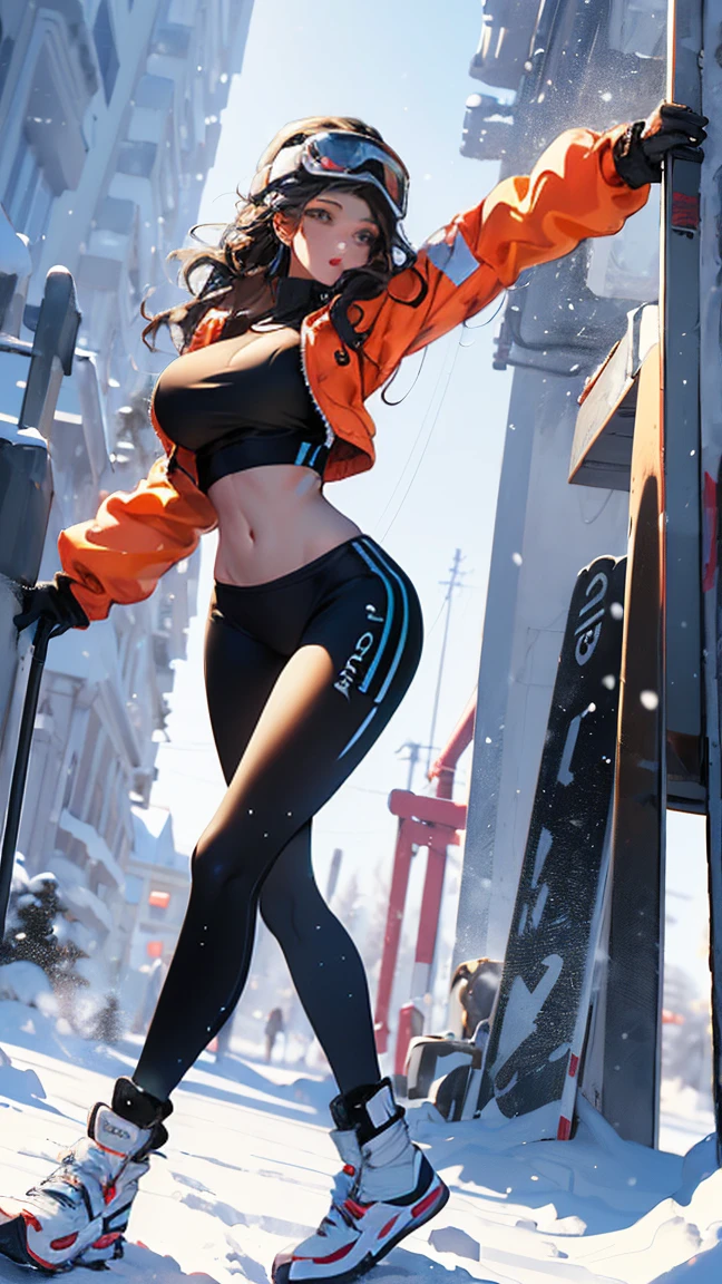 dynamic poses, full body image, super wide angle, A girl wearing fluorescent red clothes skiing in the snow, Meticulous attention to clothing and fashion, action, Gym_, exposed abdomen, (Slim:1.1), (long legs:1.3), (Slim legs:1.2), Background is snow, 3D rendering, Overclocked renderer, 8K，big breast