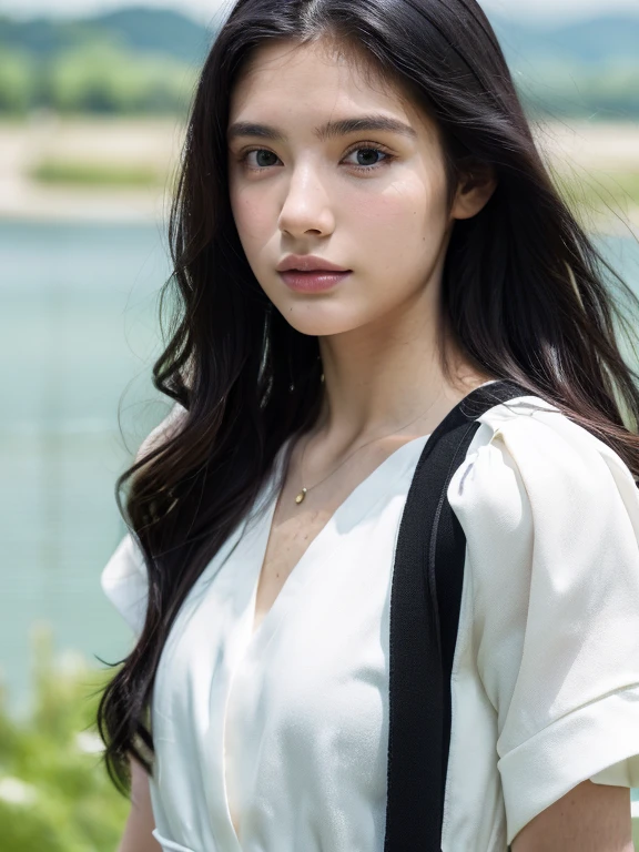 ( masterpiece, top quality, best quality,8k,17 years old girl,ultra detailed,raw photo:1.5),(photorealistic:1.4), (long black hair:1.5), (cinematic lighting), PerfectNwsjMajic, , Surrealism, UHD, ccurate, Super detail, textured skin, High detail, Best quality, dynamic angle, (high nose,White skin),[Beautiful blue eyes],(1girl),(good anatomy:0.5)),(outside,rivers and lakes :1.5),white dress