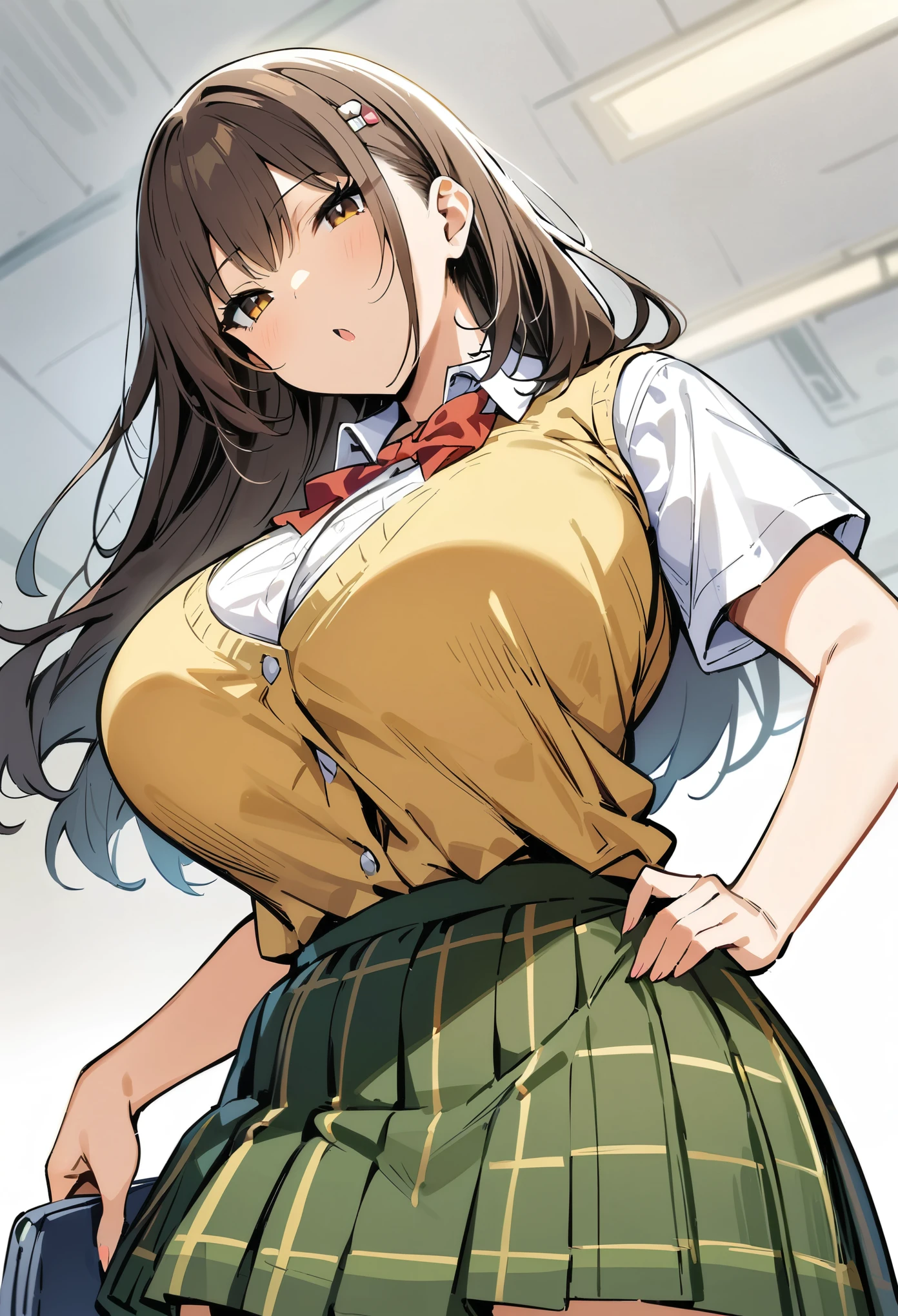 (masterpiece, best quality:1.2), from below, 1girl, huge tit, pleated skirt, shirt tucked in, tented shirt, solo,brown eyes, brown hair, hair ornament,long hair,green plaid skirt, sainan high school uniform, , white shirt, yellow sweater vest