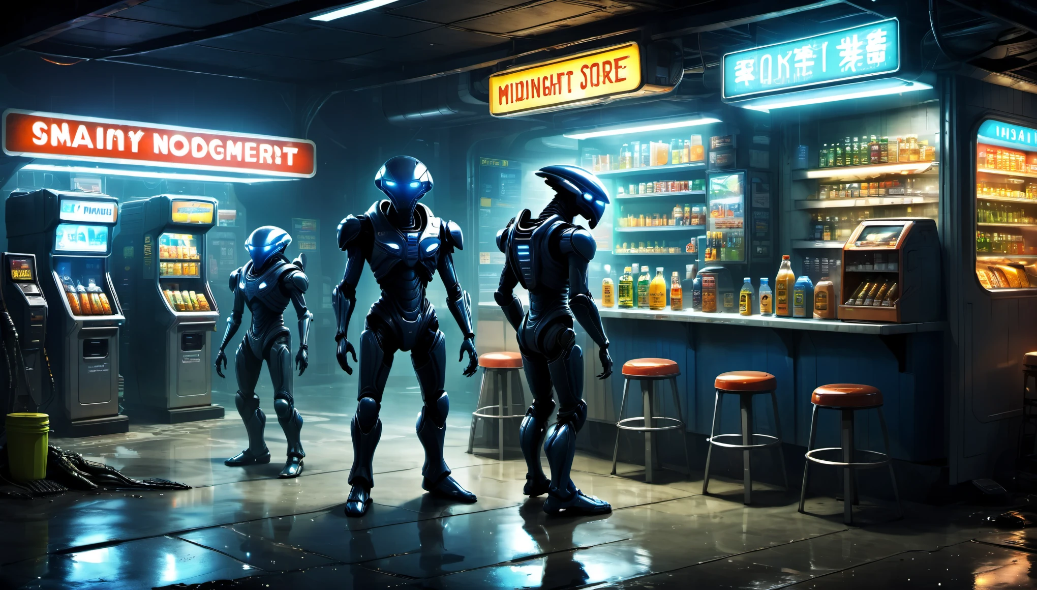 midnight convenience store, Aliens and robots drinking together, aliens, robots,detailed,futuristic city environment, post-apocalyptic