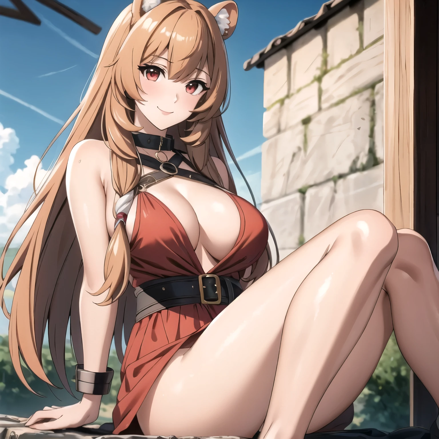 1 mujer. Raphtalia woman 24 years old orange blonde hair, orejas de oso, red eyes like rubies, piel clara, pechos grandes Excelente calidad, sumamente colorido, vestida con un vestido egipcio blanco, con escote profundo, con aberturas a los costados de la falda, dejando al descubierto sus piernas, con collar antiguo, estilo egipcio, pulseras doradas, aretes azules, usa bragas de encaje rojo (dejando al descubierto casi todo), cabello largo, cabello lacio, ojos , mirada muy traviesa, erotic smile, sonrisa sexy, ultra mujer sexy , pechos por encima del promedio, pechos firmes, entorno del antiguo Egipto, at the top of a pyramid, sol de fondo, alto contraste brilla piel grasa, piel ultra bronceada.