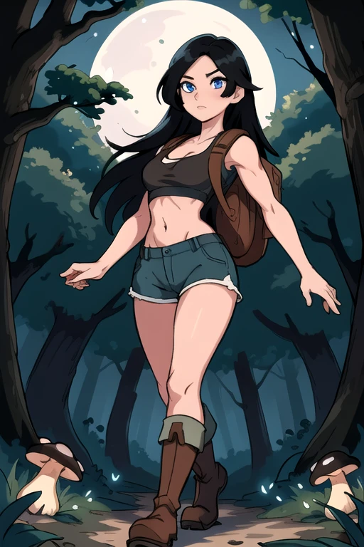 ultra high res, masterpiece, anime style, cell shading, highly detailed, fantasy inspired setting, 1girl, long black hair, blue eyes, expressive eyes, perfect face, medium breast, small waist, perfect figure, athletic physique, white crop top, showing cleavage, mid section exposed, wearing a hiking backpack, brown shorts, brown hiking boots, walking, looking at viewer, full body portrait, (Background: Outdoors, in the forest, night, moon light luminating on the forest floor, glowing mushrooms, fireflies)
