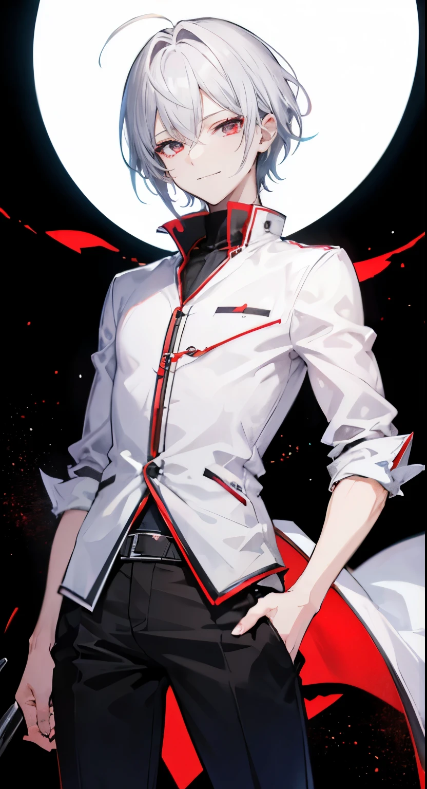 High resolution, 2D anime style,,Cool guy,20th generation,short hair,silver hair,red eyes,Dark Fashion,he is smiling a little,