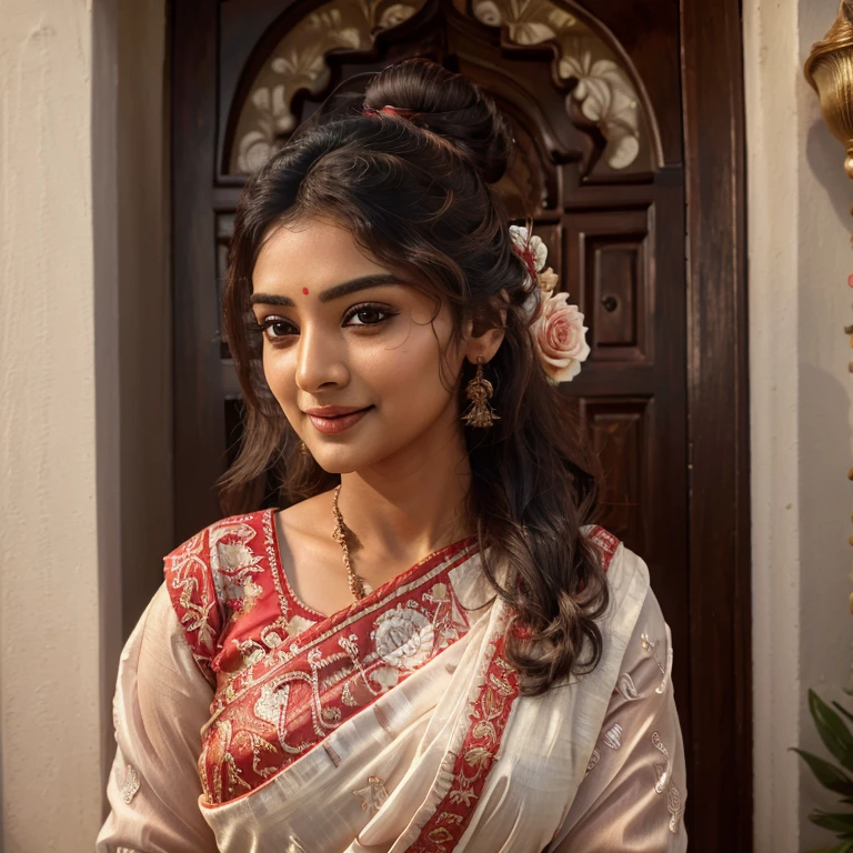 (best quality,8k,highres,masterpiece:1.2),ultra-detailed,realistic,indian woman,30 years old,full body image,glowing skin,bun hair style,looking at viewer,beautiful detailed face,Shy smile,white silk saree with red rose embroidery,detailed clothing style,day time