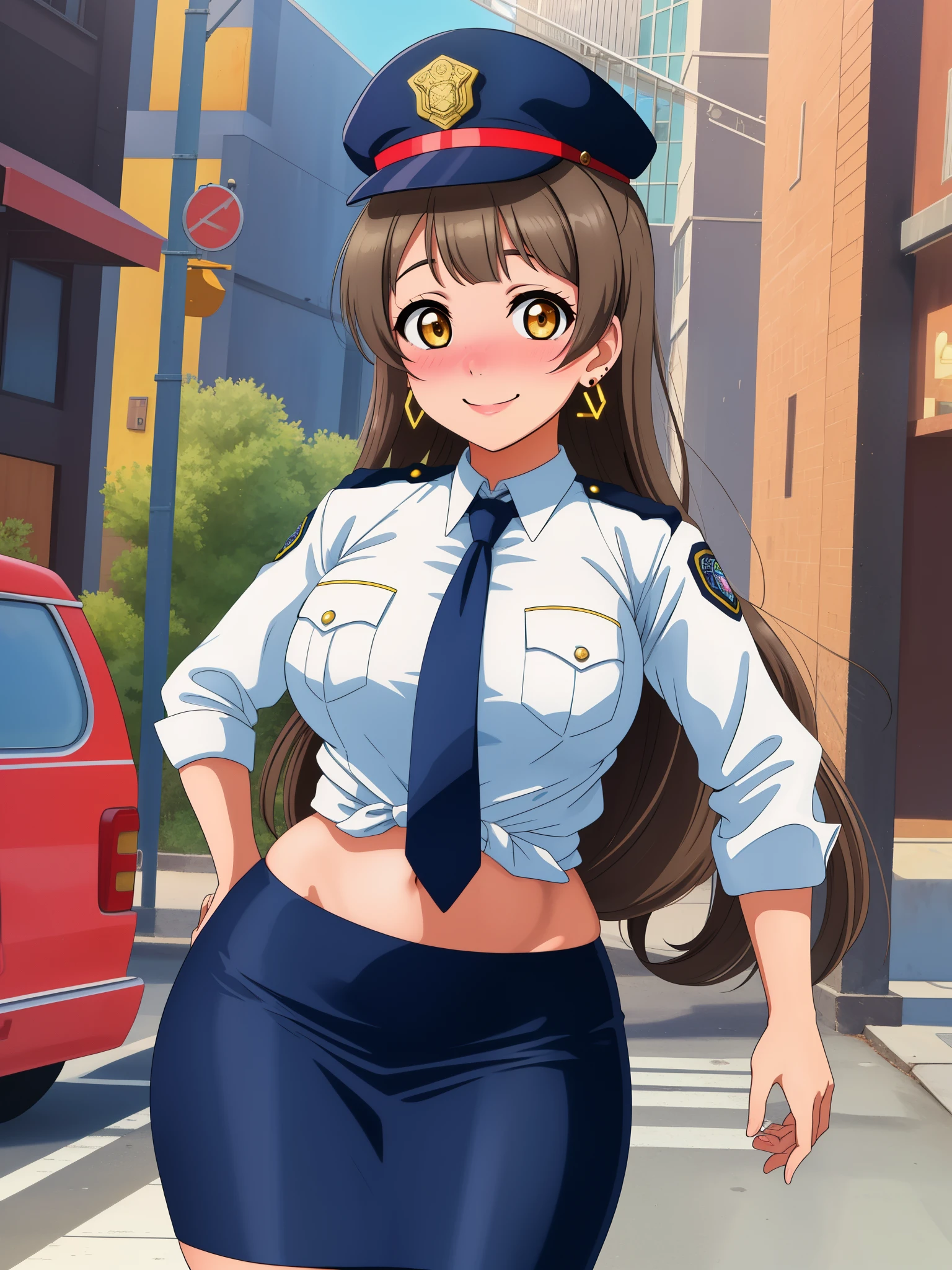 Masterpiece, best quality, (detailed face), minami kotori, curvy body, smile,(embarrassed:1.2) ,white shirt,half sleeves,earrings, pencil skirt, midriff, necktie , standing,police cap,in street,looking at viewer, cowboy shot, thighs ,1980s \(style\), wide hips 