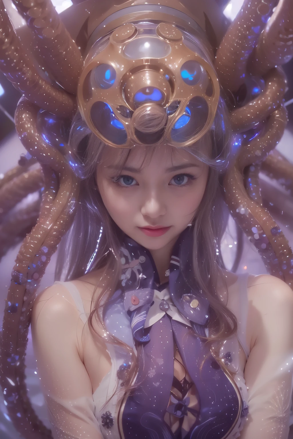 (See-through:1.3),white serafuku,sailor dress, White theme,, Sailor Suit, Looking at Viewer, Maniacal, messy long hair, Beautiful detailed eyes,Hair glows,Dramatic Angle,blue sailor collar, perky breast,lightsmile,partially underwater shots...