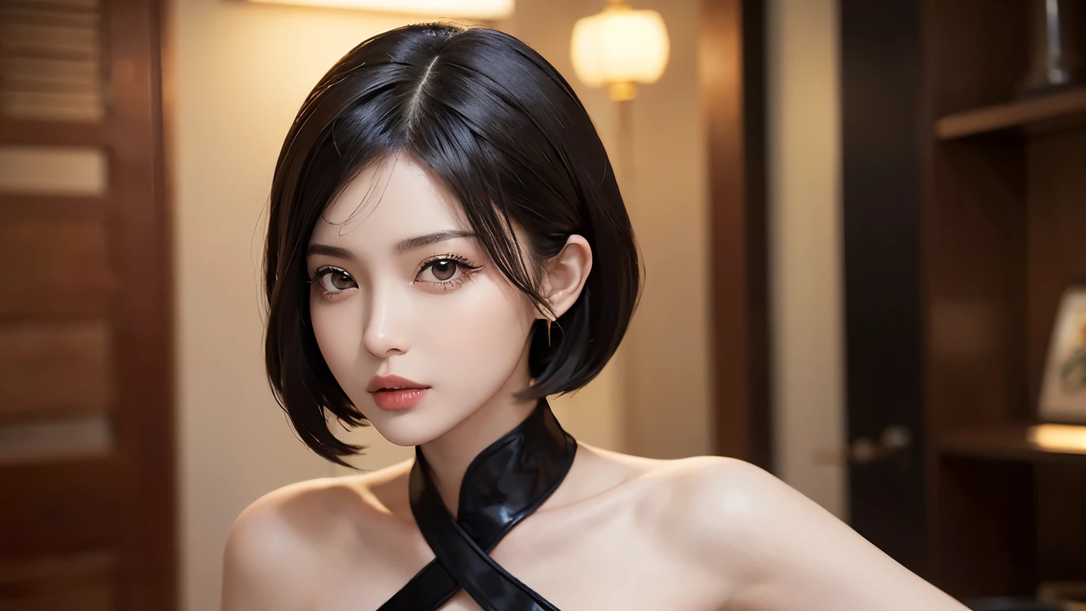 Cool Chinese Girl with Short Hair - Version 2.0:
Chinese women、Her short hair exudes sophistication and coolness.。, sophisticated hairstyle. her hair, Long shiny black bob, This style emphasizes angular jawline and high cheekbones.. The woman's face is perfectly made up, Slight pinkish redness on cheeks, thin, Well-defined eyebrows, Her lips have a hint of lip gloss. Her Eyes, Dark and almond-shaped, surrounded by a thick frame, Bold eyeliner and long, Perfect lashes.
She is wearing a modern Chinese costume., Consists of