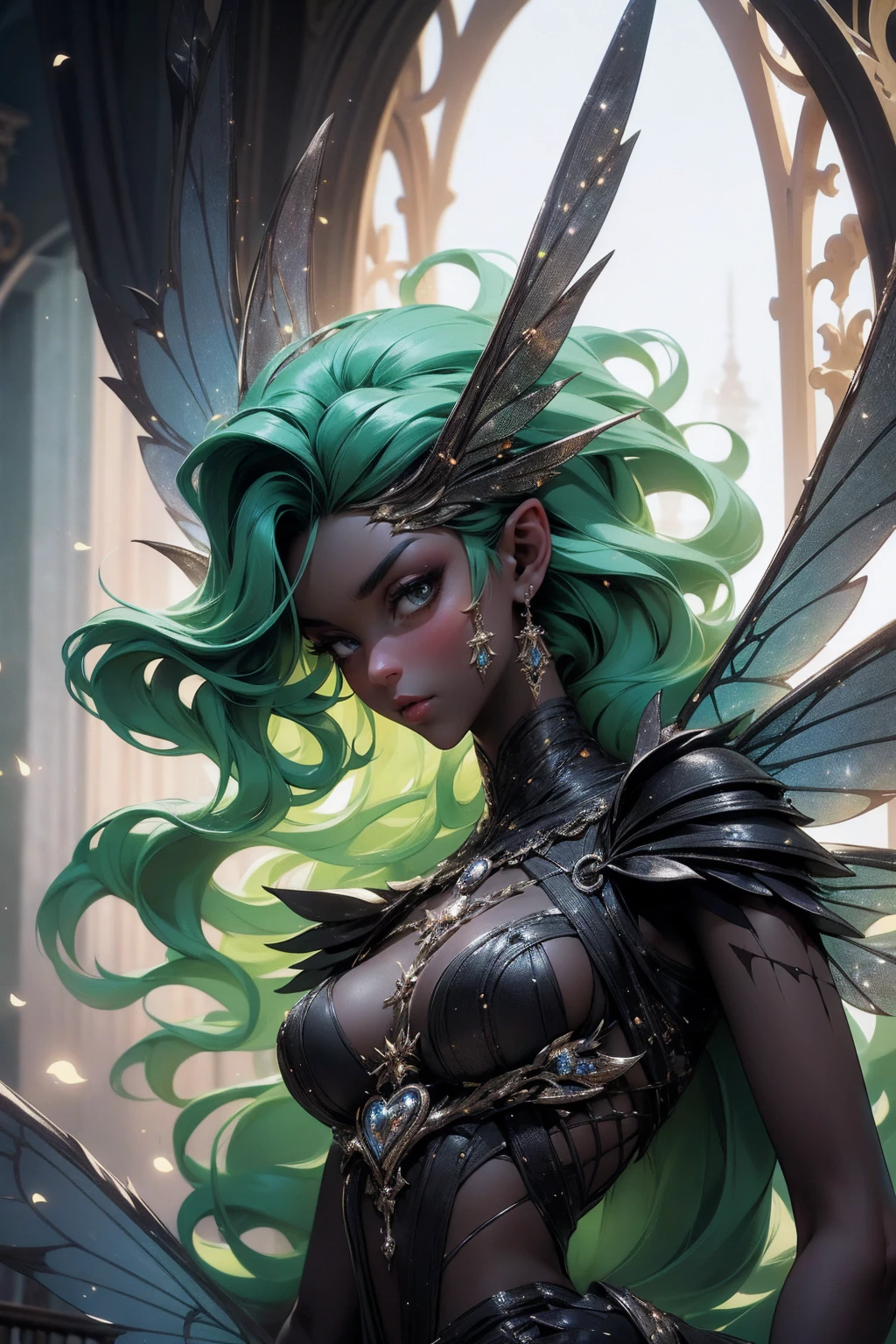(Absurd, high quality, ultra -compared, careful with the hand) fairy, fairy wings, dreamer body, vivid, romantic and all. Optimistic face, just lies, without entry and intellectual. Reckless style, cold heart, impatient and too confident. Gray eyes, ripe and dark (eyes of the eyes), enchanted fairy (pixie) . medium curly hair, green hair. In the carnival row illustration, flying, dancing lithgly, upper body,  black skin (black skin) 