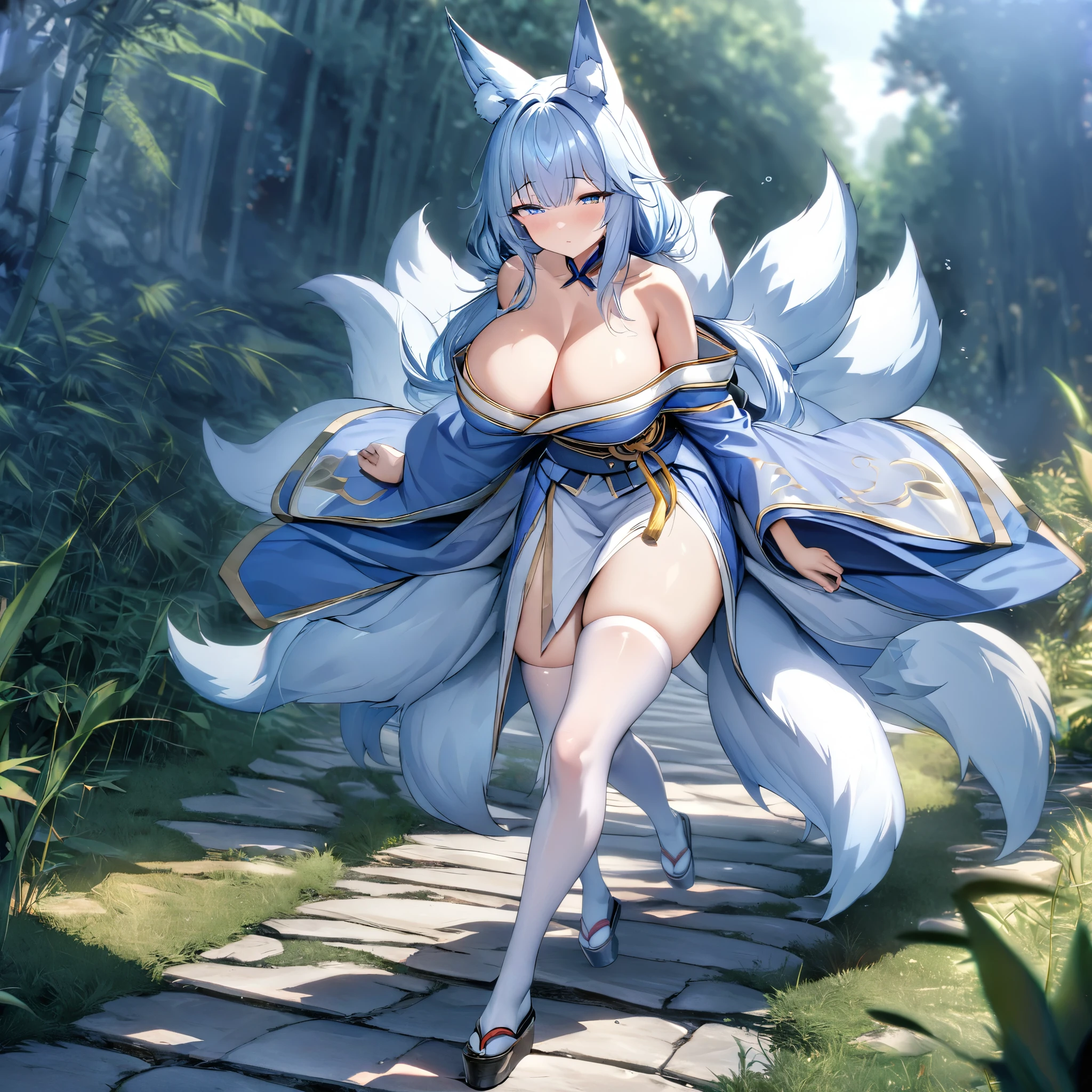 A woman with a long blue shoulderless kimono, ???????????, light blue hair, kitsune ears, kitsune tails, multi tails, blue eyes, long white stockings, walking on a stone road, with bamboo around her, full body, sleepy face ,,HDR, ultra resolution, well defined, masterpiece, 8K HD. (solo woman)
